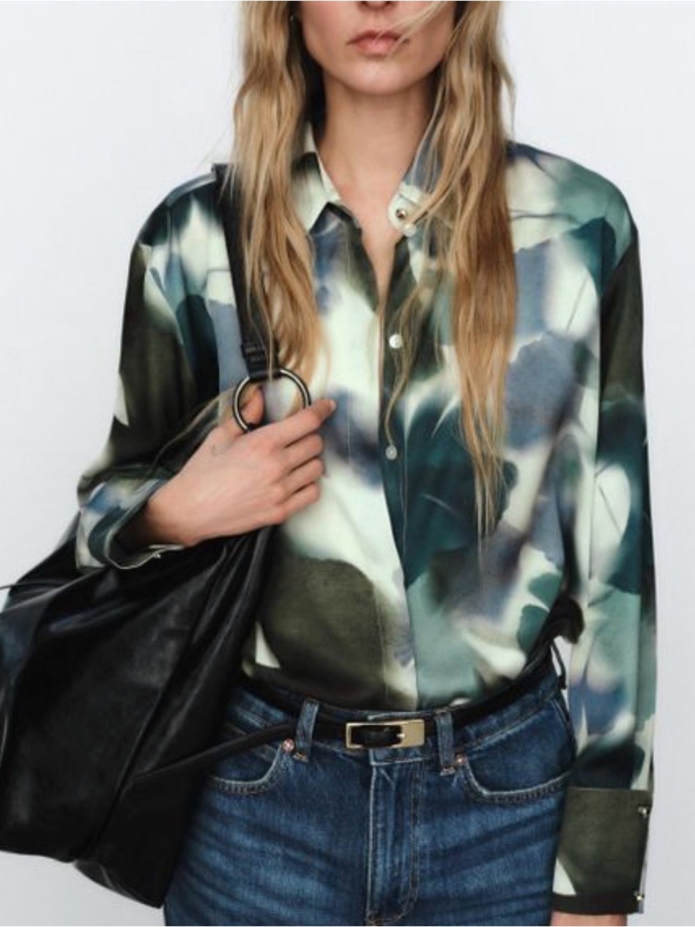 Zara Satin Effect Botanical Print Button Down Shirt Large